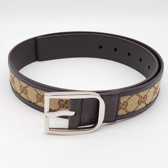 100% Authentic Gucci GG Leather Canvas Brown Belt - Picture 2 of 9